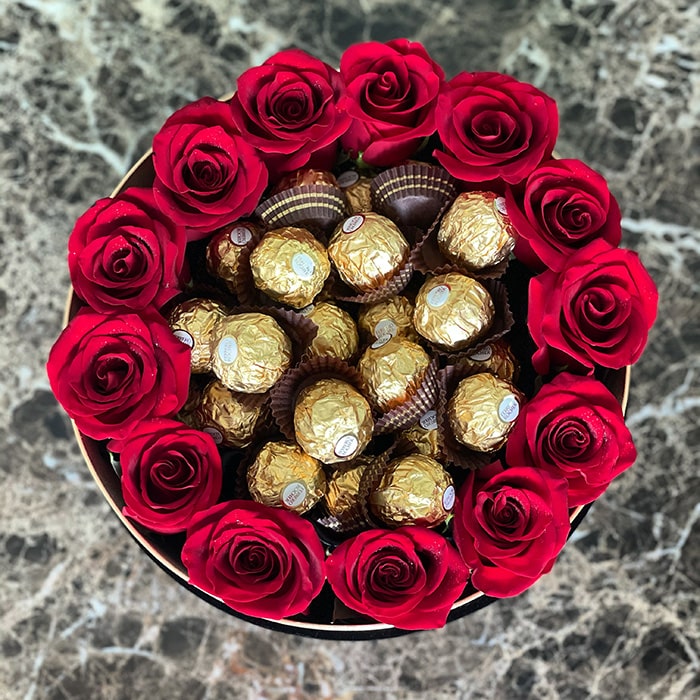 Golden Chocolate with Red Roses in a Black Velvet Round Box