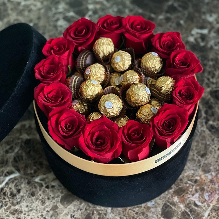 Golden Chocolate with Red Roses in a Black Velvet Round Box