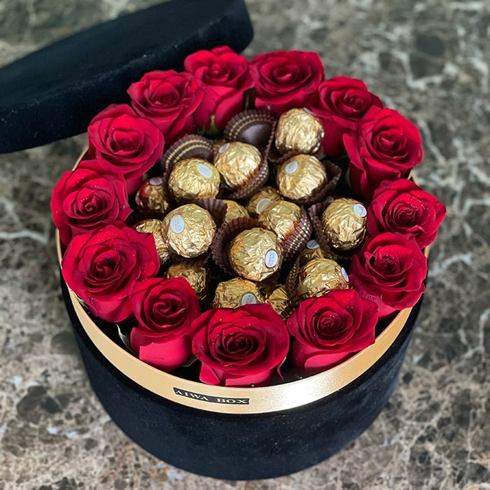 Golden Chocolate with Red Roses in a Black Velvet Round Box